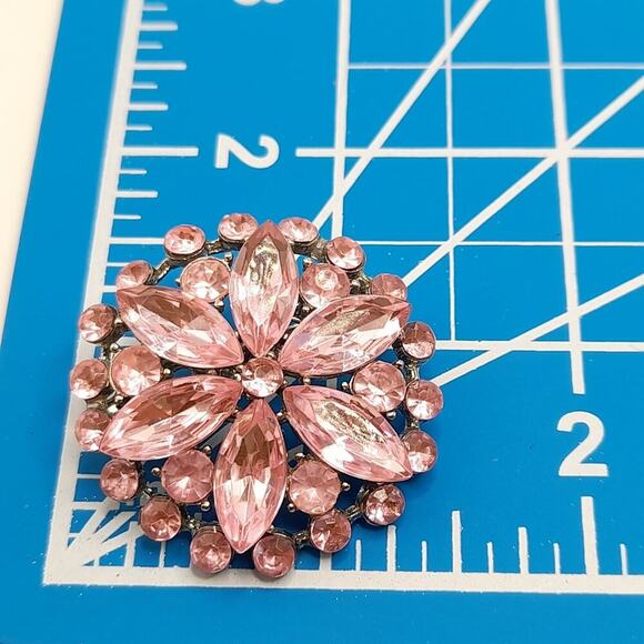 Vintage Pink Rhinestone Floral Brooch, Silver Tone Back, 1 3/8 Inches - Picture 6 of 8